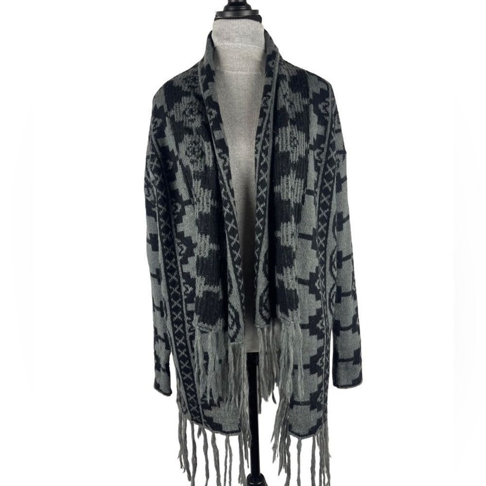 Caslon Women Cardigan Sweater Gray Black Geometric Fringe Open Front Size XS 327 - Picture 2 of 11